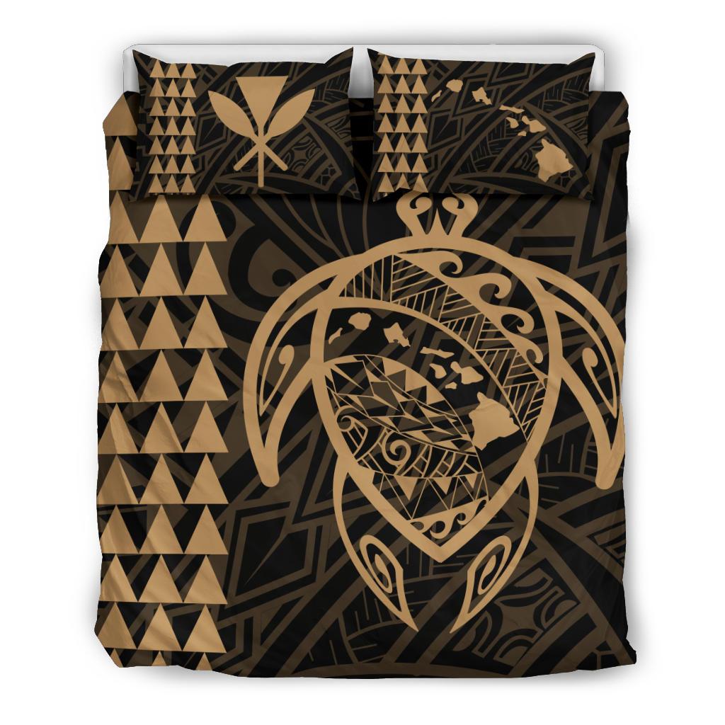 Hawaiian Map Kakau Turtle Kanaka Polynesian Bedding Set - Gold Gold - Polynesian Pride