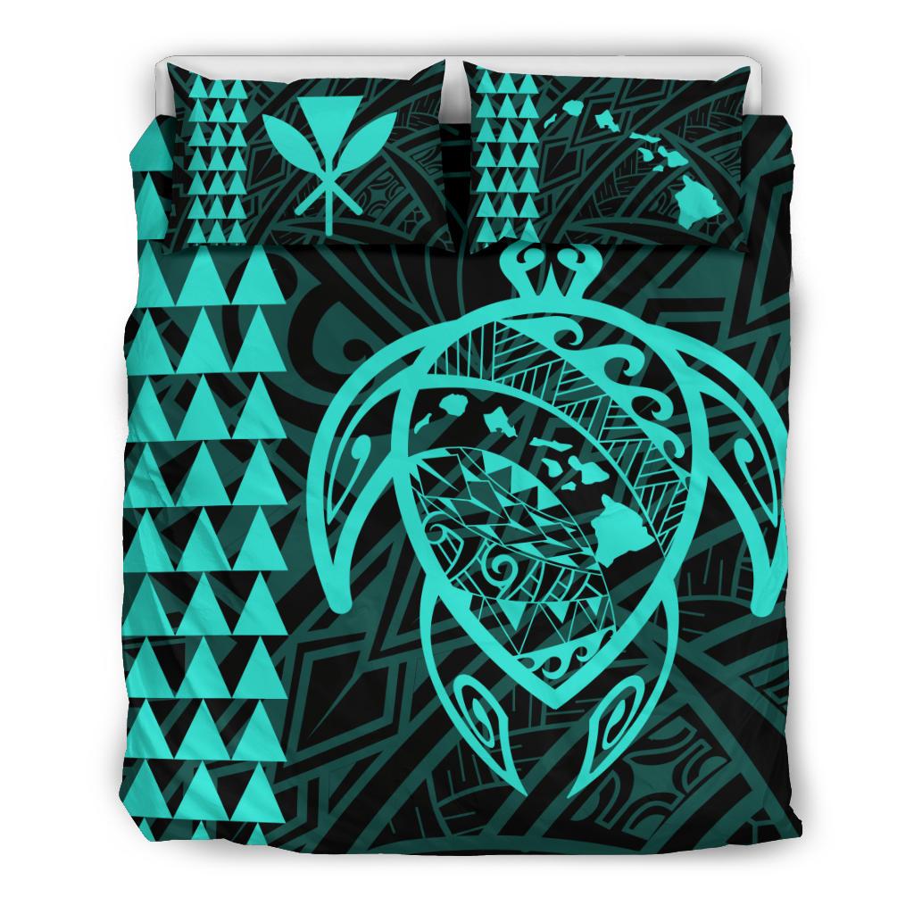 Hawaiian Map Kakau Turtle Kanaka Polynesian Bedding Set - Turquoise Blue - Polynesian Pride