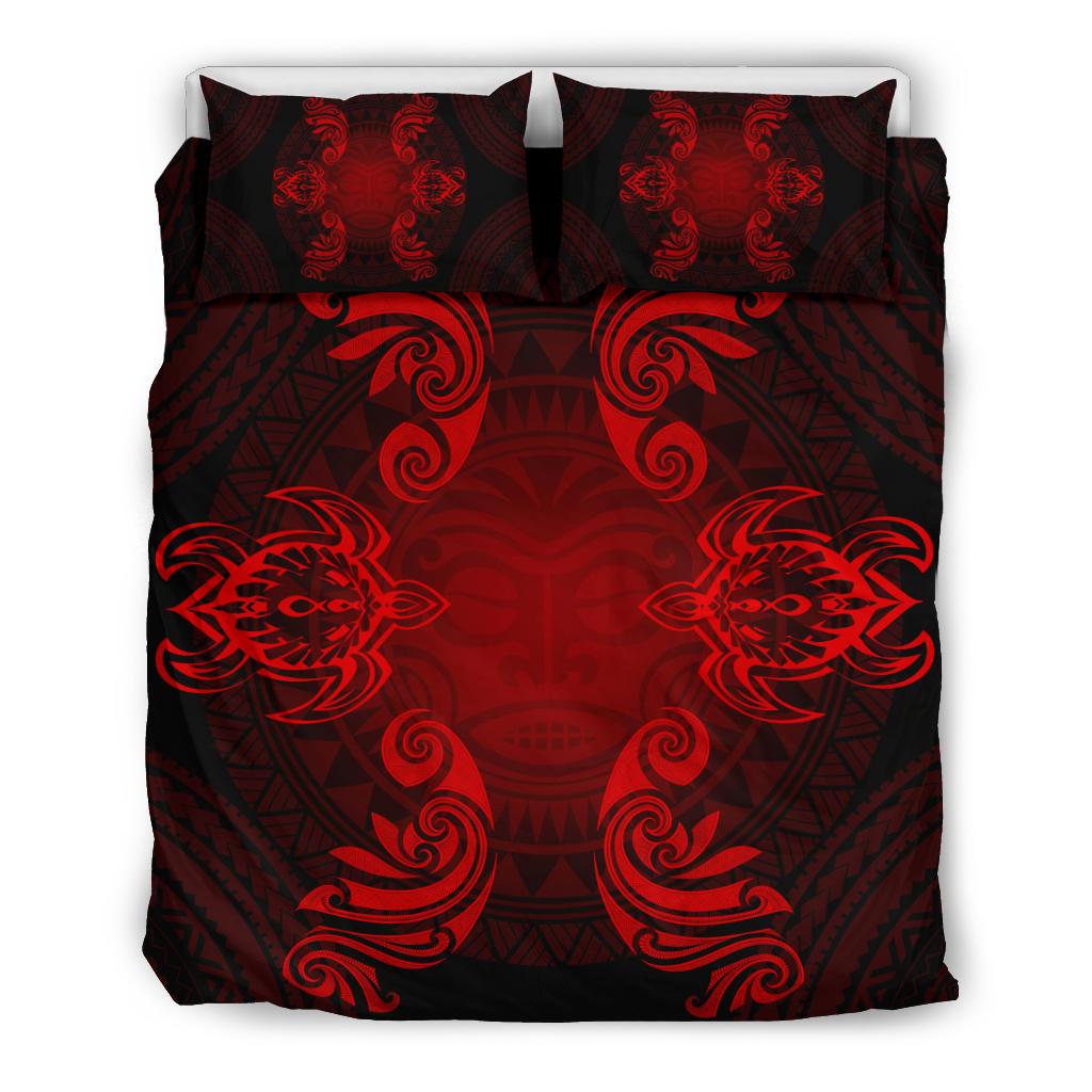 Hawaiian Turtles Tribal Mask Polynesian Bedding Set Red Red - Polynesian Pride