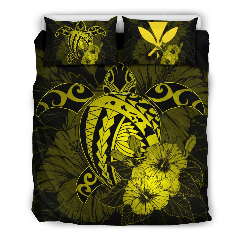 Hawaiian Map Hibiscus Kanaka Polynesian Bedding Set - Harold Turtle - Yellow Yellow - Polynesian Pride