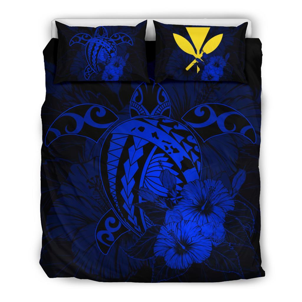 Hawaiian Map Hibiscus Kanaka Polynesian Bedding Set - Harold Turtle - Blue Blue - Polynesian Pride