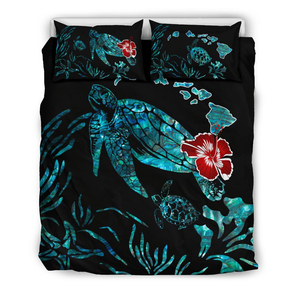 Hawaiian Map Turtle Hibiscus Ohana Honu Paua Shell Bedding Set Black - Polynesian Pride