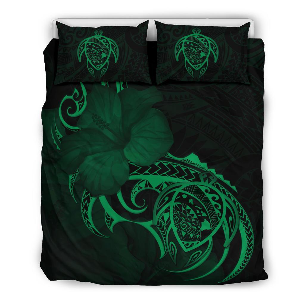 Hawaiian Map Turtle Hibiscus Divise Green Polynesian Bedding Set Green - Polynesian Pride