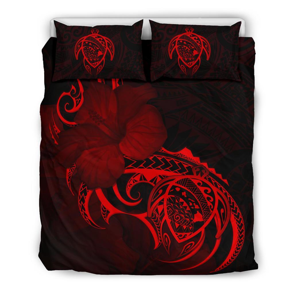 Hawaiian Map Turtle Hibiscus Divise Red Polynesian Bedding Set Red - Polynesian Pride