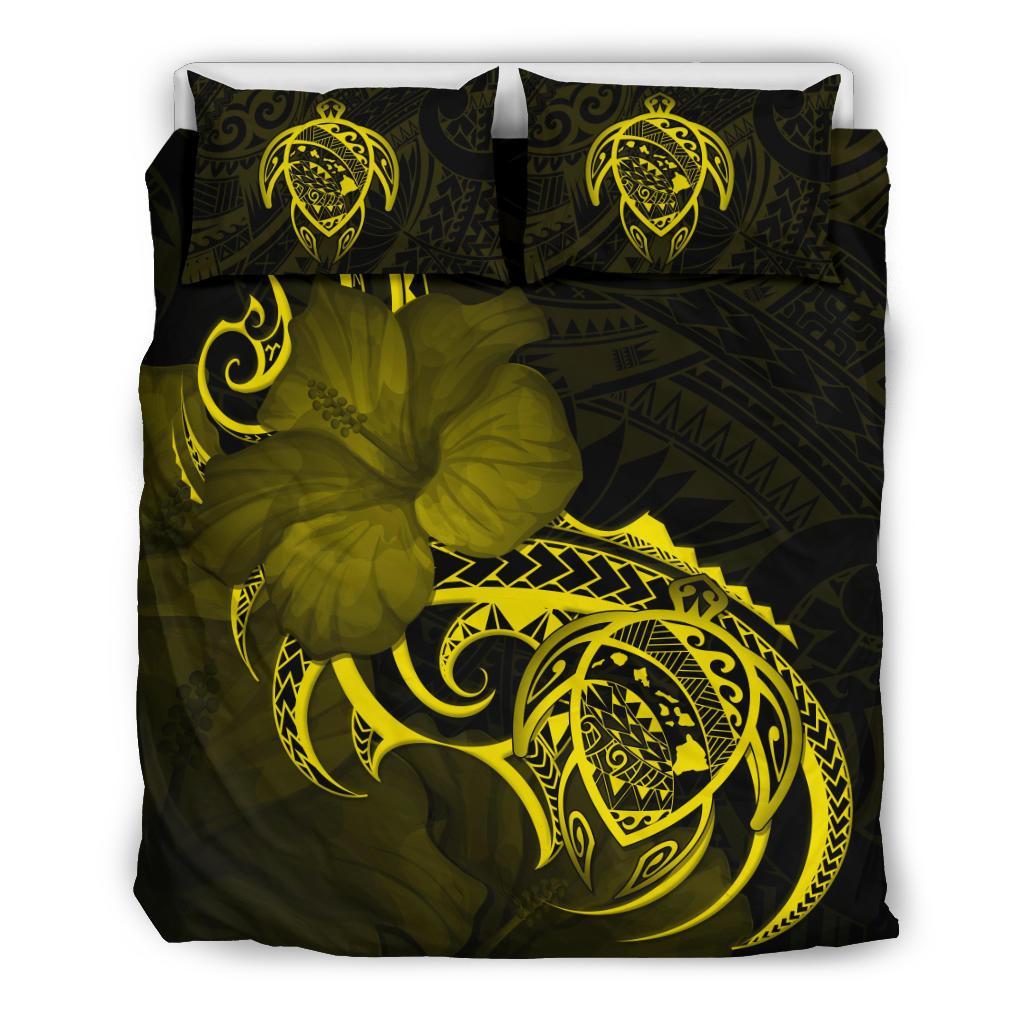 Hawaiian Map Turtle Hibiscus Divise Yellow Polynesian Bedding Set Yellow - Polynesian Pride