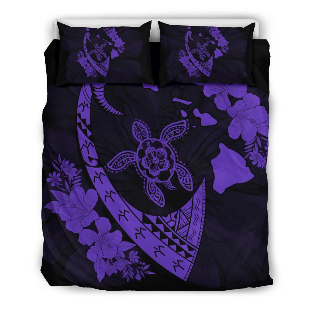 Hawaiian Map Hibiscus Turtle Fish Hook Polynesian Bedding Set Purple Purple - Polynesian Pride