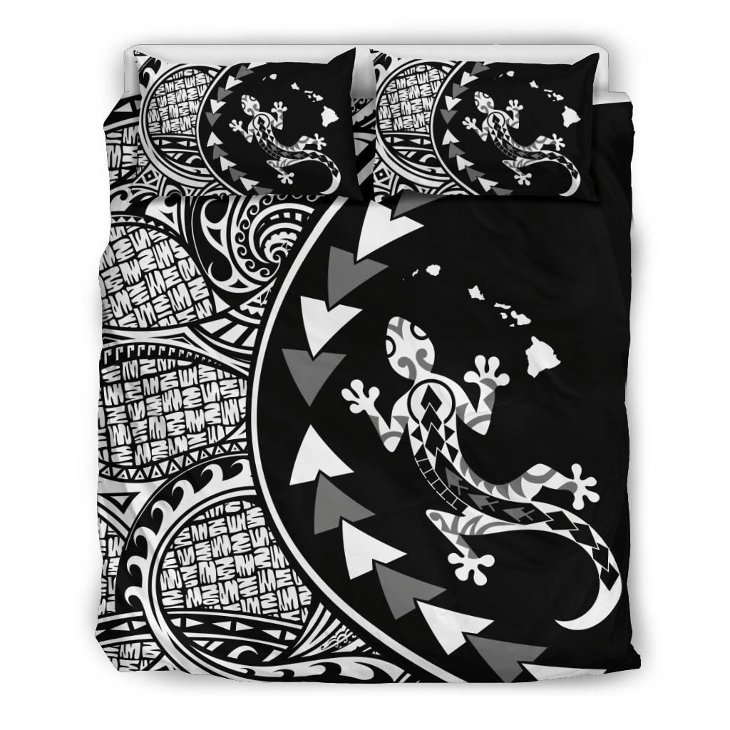 Hawaiian Map Gecko Tattoo Kakau Polynesian Bedding Set BnW Black - Polynesian Pride