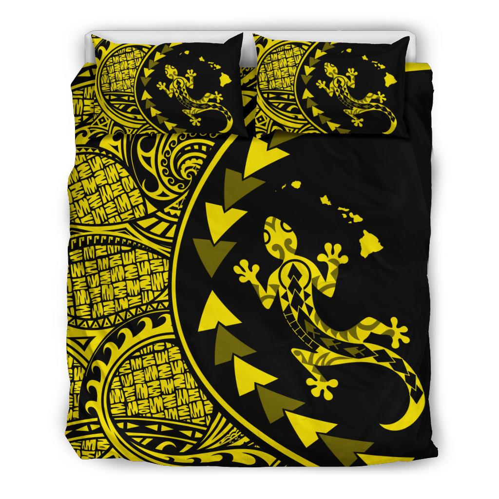 Hawaiian Map Gecko Tattoo Kakau Polynesian Bedding Set Yellow Yellow - Polynesian Pride