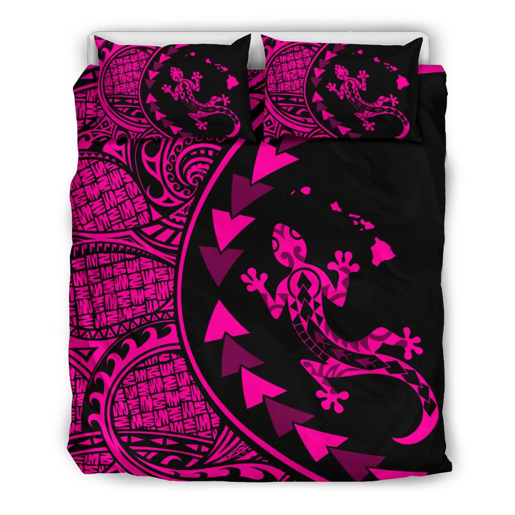 Hawaiian Map Gecko Tattoo Kakau Polynesian Bedding Set Pink Pink - Polynesian Pride