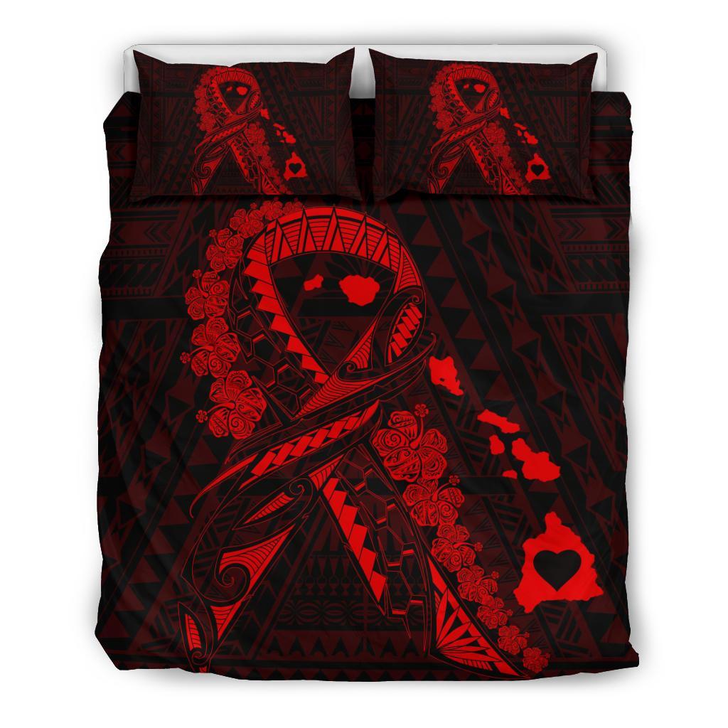 Hawaiian Map Heart Ribbon Cancer Hibiscus Polynesian Bedding Set - Red Red - Polynesian Pride