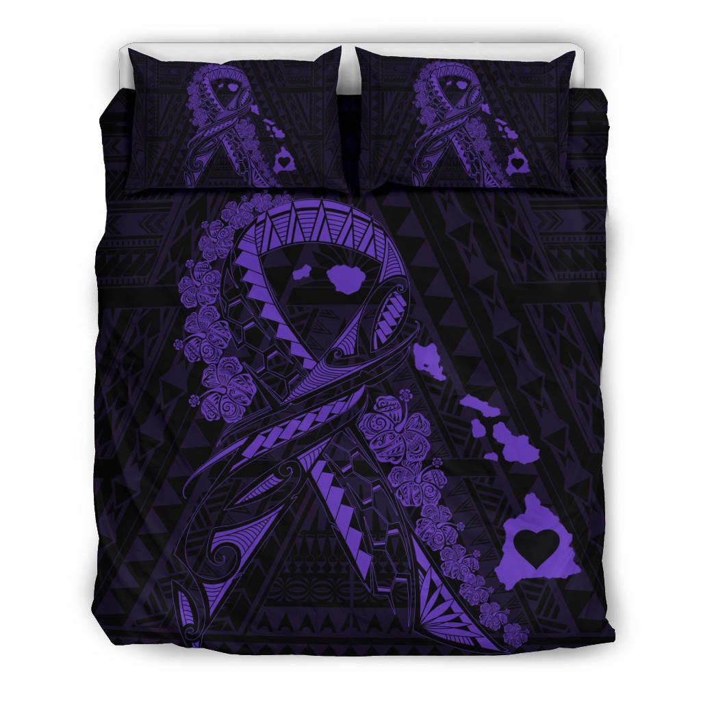 Hawaiian Map Heart Ribbon Cancer Hibiscus Polynesian Bedding Set - Purple Purple - Polynesian Pride