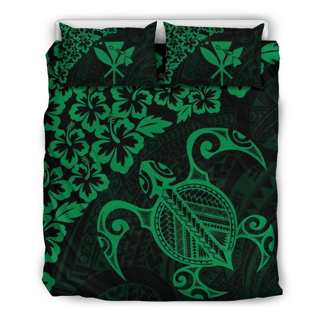 Hawaiian Map Turtle Hibiscus Kanaka Polynesian Bedding Set - Green Green - Polynesian Pride