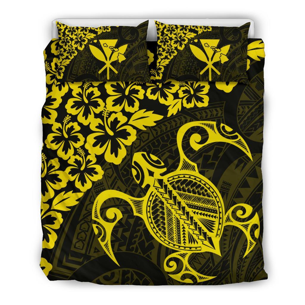 Hawaiian Map Turtle Hibiscus Kanaka Polynesian Bedding Set - Yellow Yellow - Polynesian Pride