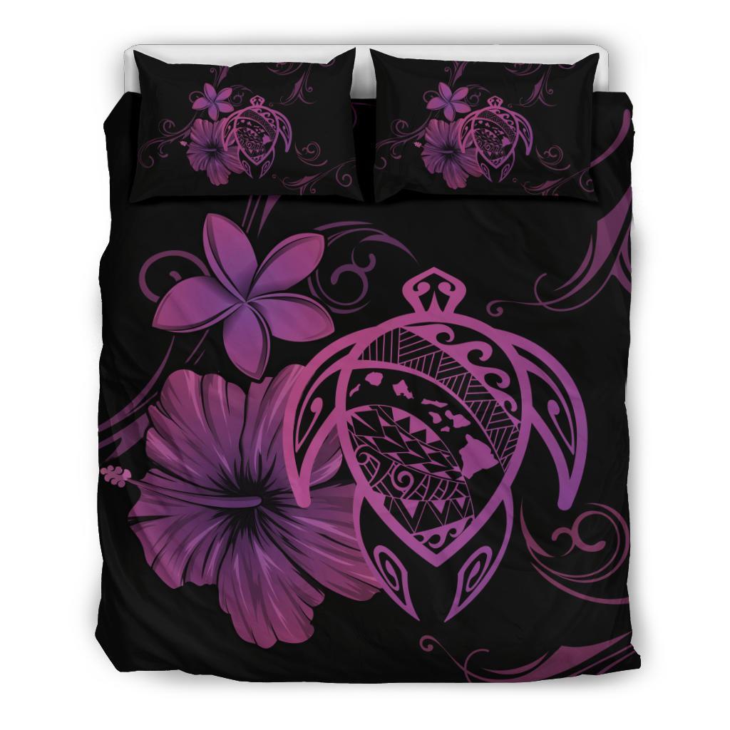 Hawaiian Map Turtle Hibiscus Plumeria Polynesian Bedding Set Pink - Polynesian Pride