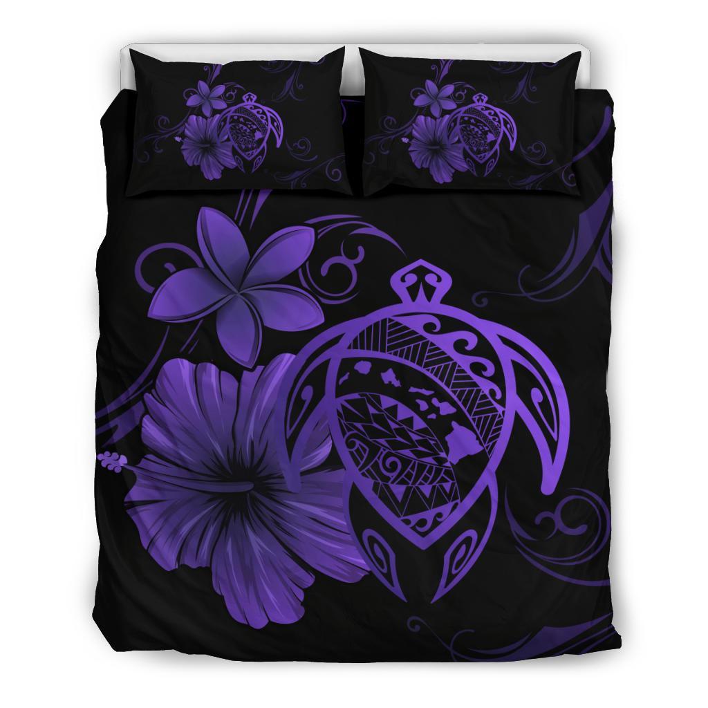 Hawaiian Map Turtle Hibiscus Plumeria Polynesian Bedding Set - Purple Purple - Polynesian Pride