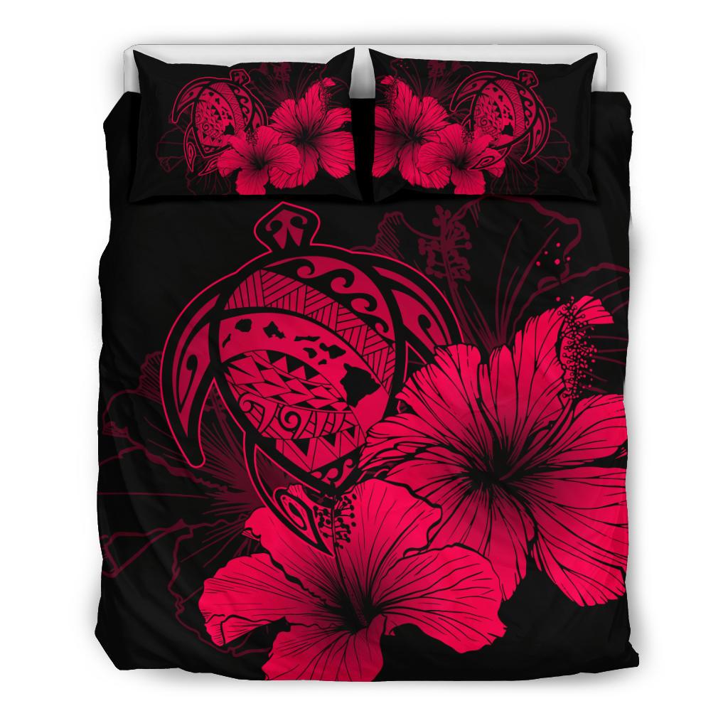 Hawaiian Map Hibiscus Turtle Polynesian Bedding Set - Calico Red Red - Polynesian Pride