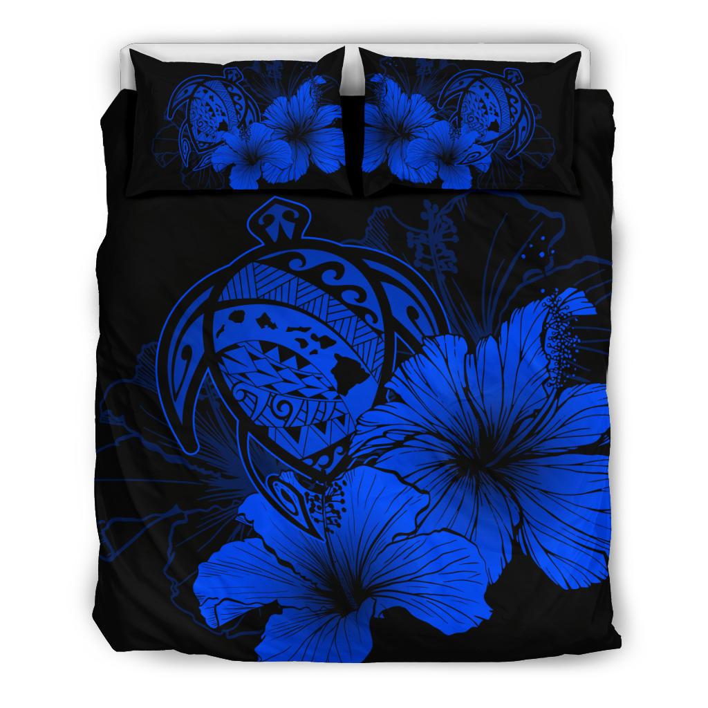 Hawaiian Map Hibiscus Turtle Polynesian Bedding Set - Traffic Blue Blue - Polynesian Pride