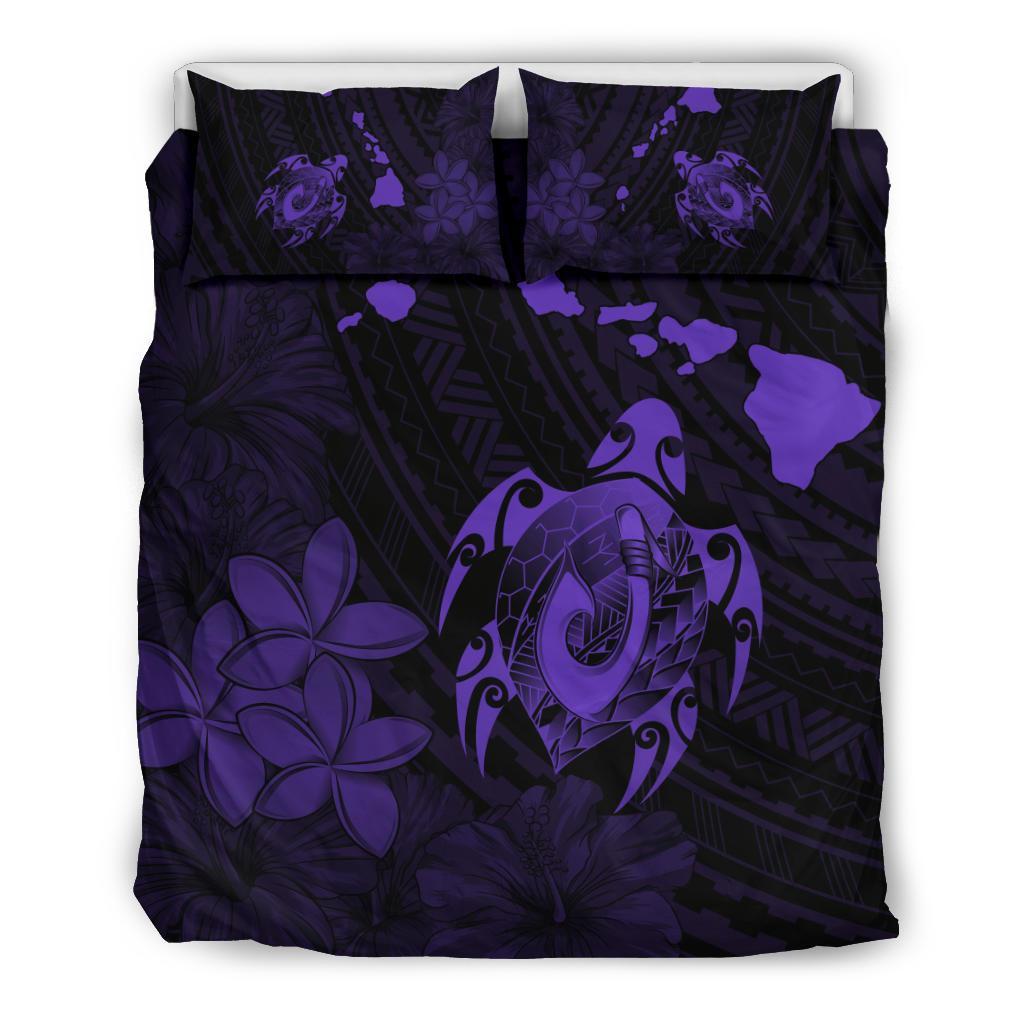 Hawaiian Map Turtle Plumeria Hibiscus Fish Hook Polynesian Bedding Set Purple Purple - Polynesian Pride