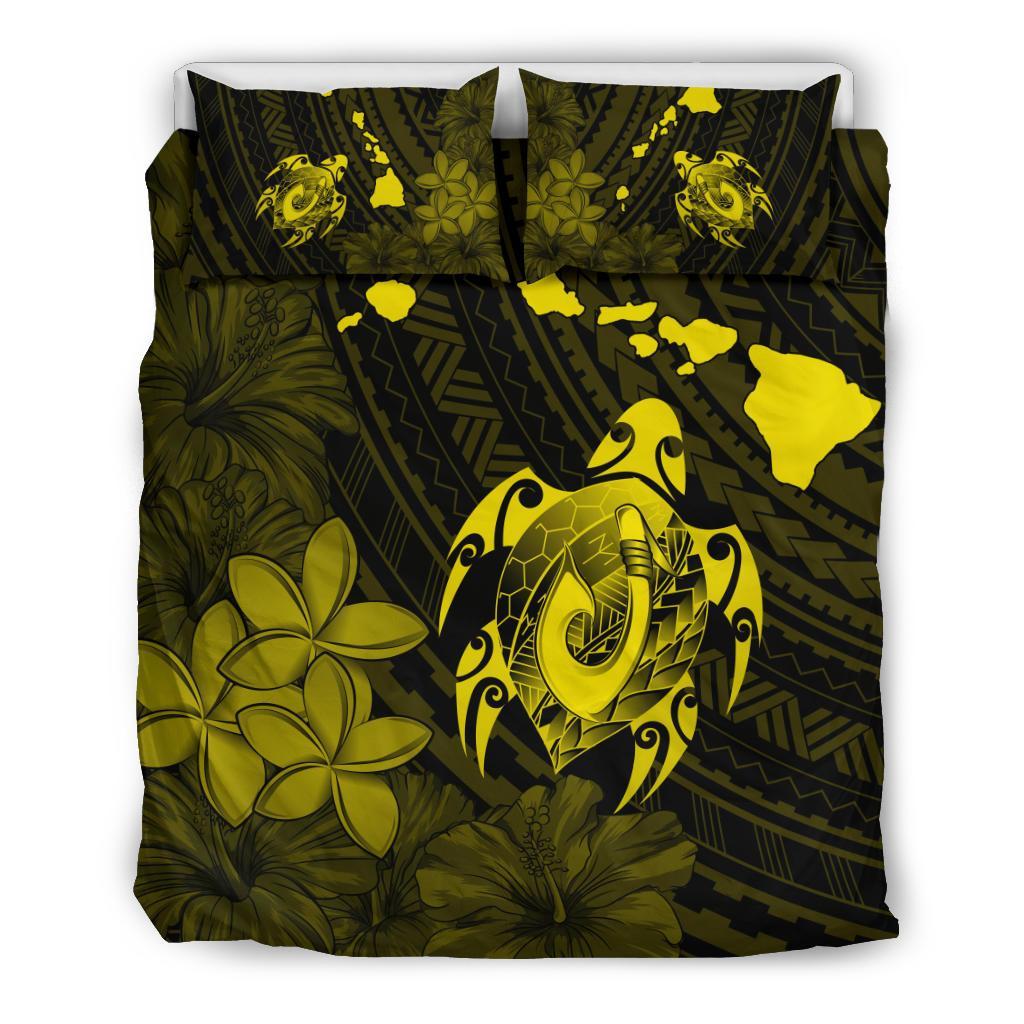 Hawaiian Map Turtle Plumeria Hibiscus Fish Hook Polynesian Bedding Set Yellow Yellow - Polynesian Pride