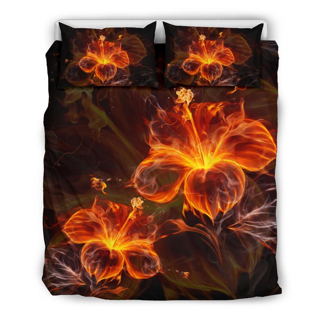 Hawaiian Hibiscus Fire Polynesian Bedding Set Black - Polynesian Pride