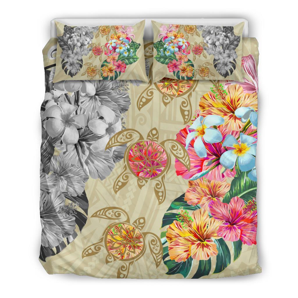 Hawaii Polynesian Flowers Swimming Turtles Bedding Set Beige - Polynesian Pride