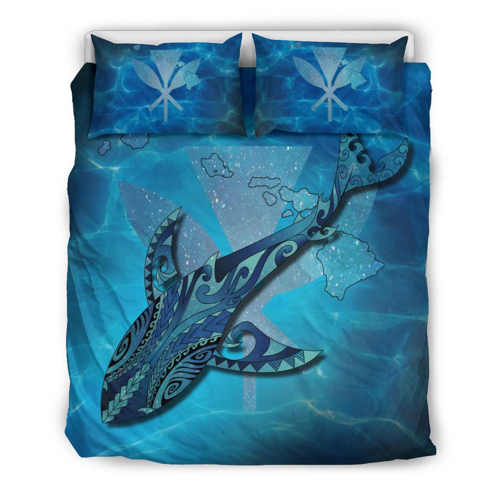 Hawaii Map Kanaka Galaxy Shark Bedding Set Blue - Polynesian Pride