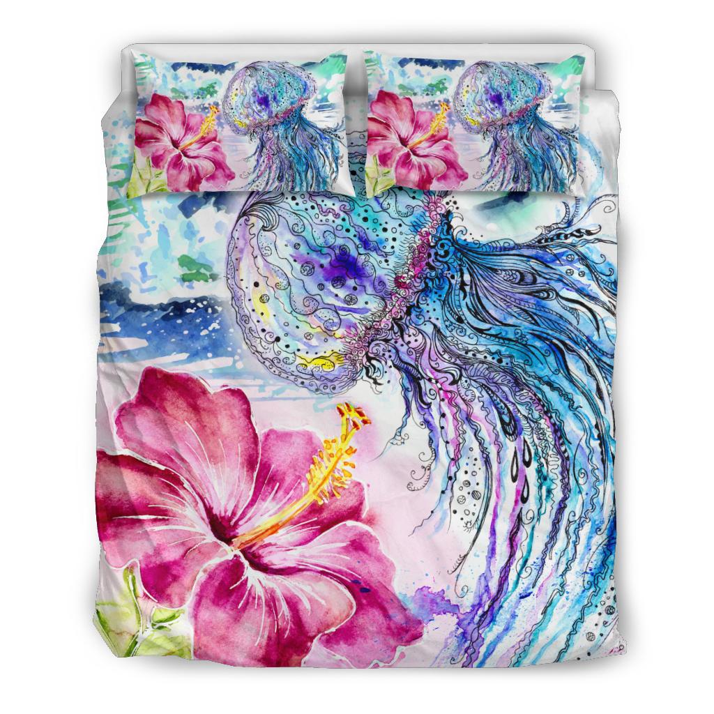 Hawaiian Jellyfish Hibiscus Bedding Set White - Polynesian Pride