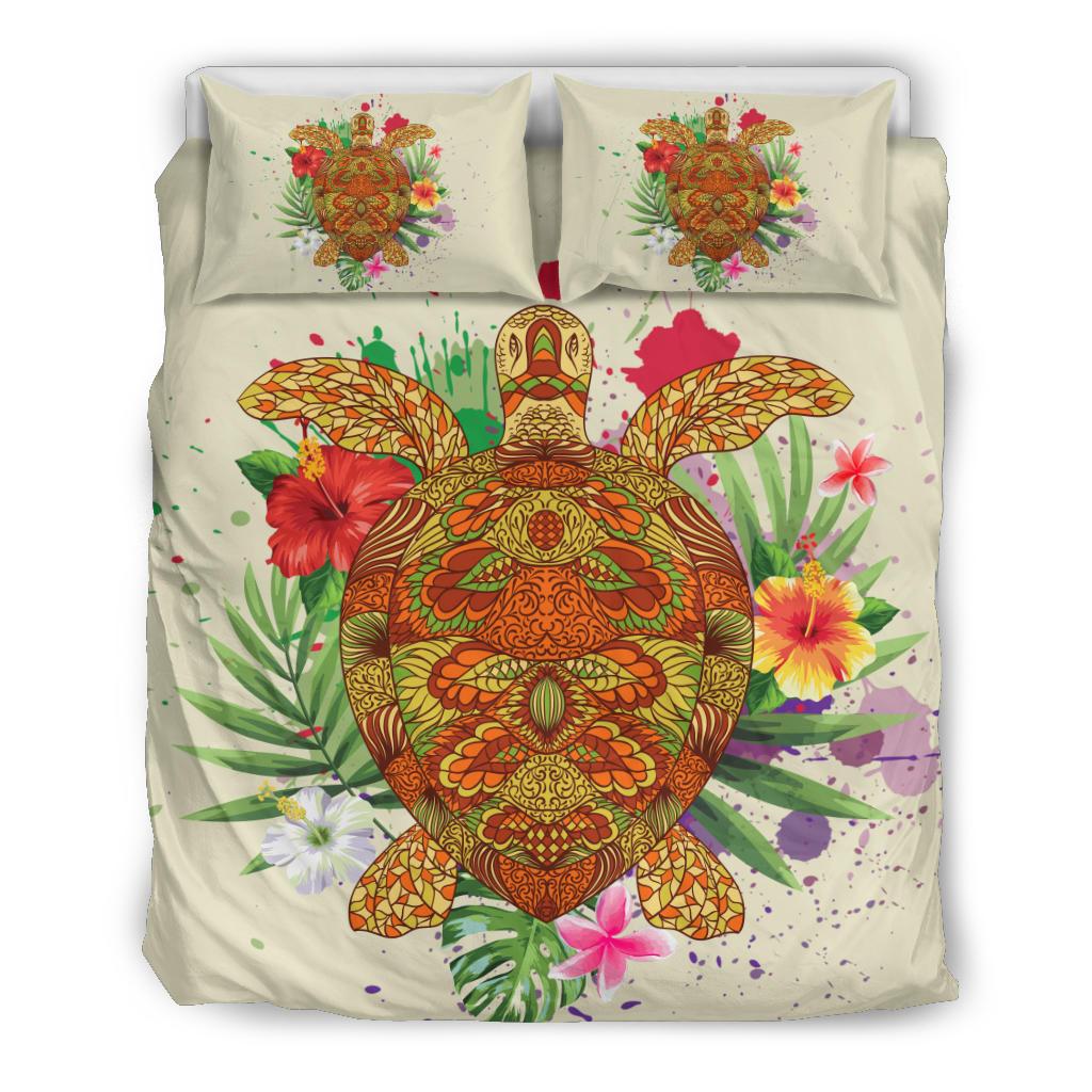 Hawaii Turtle Life Hibiscus Design Bedding Set Beige - Polynesian Pride