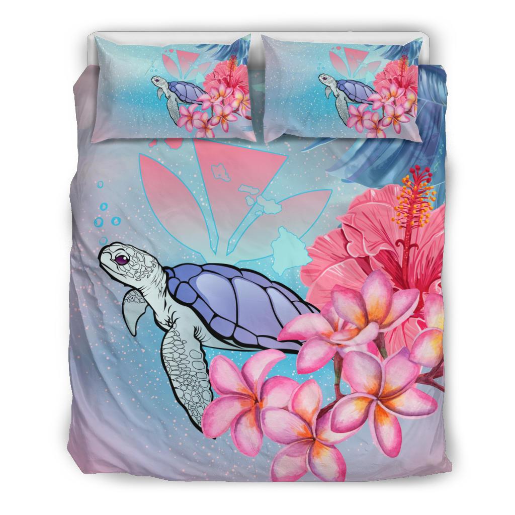 Hawaii Map Kanaka Turtle Galaxy Night Plumeria Hibiscus Bedding Set Blue - Polynesian Pride