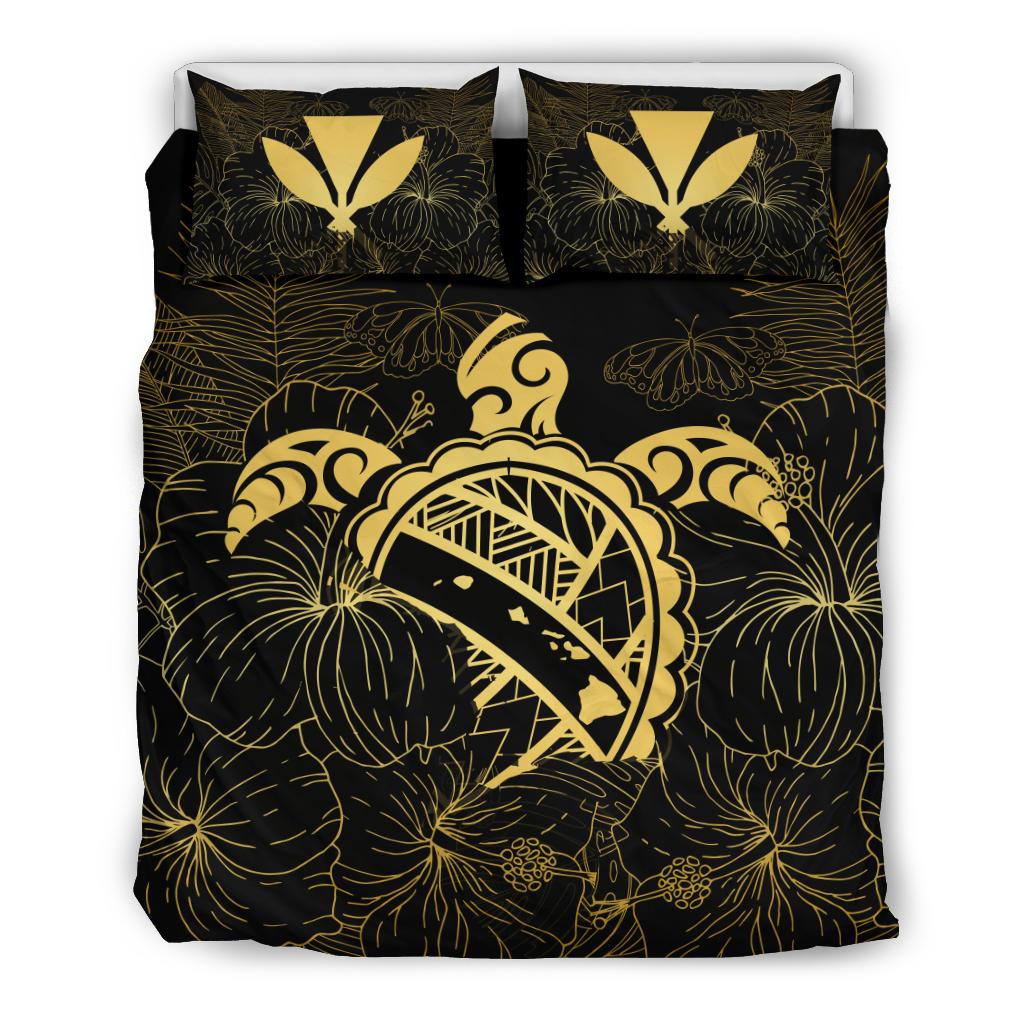 Hawaii Bedding Set - Hawaii Turtle Kanaka Golden Bedding Set Black - Polynesian Pride