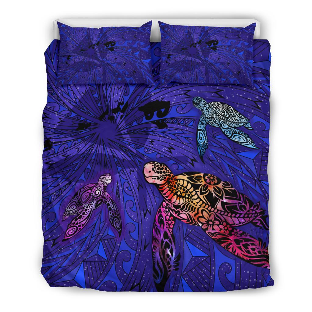 Hawaii Map Kanaka Turtle Bedding Set - Volcano Style - Galaxy Blue - Polynesian Pride