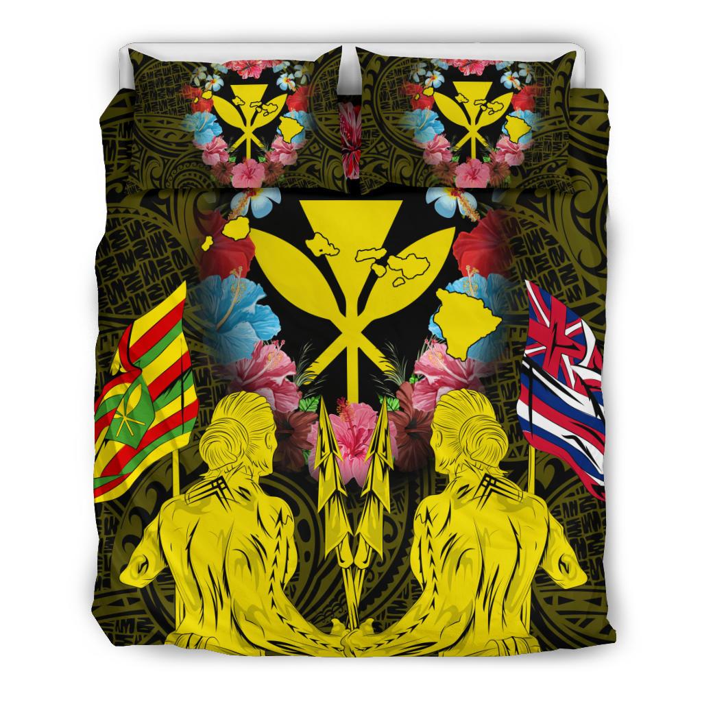 Hawaii Map Kanaka Two Men Holding Flag Bedding Set - AH - Yellow Yellow - Polynesian Pride