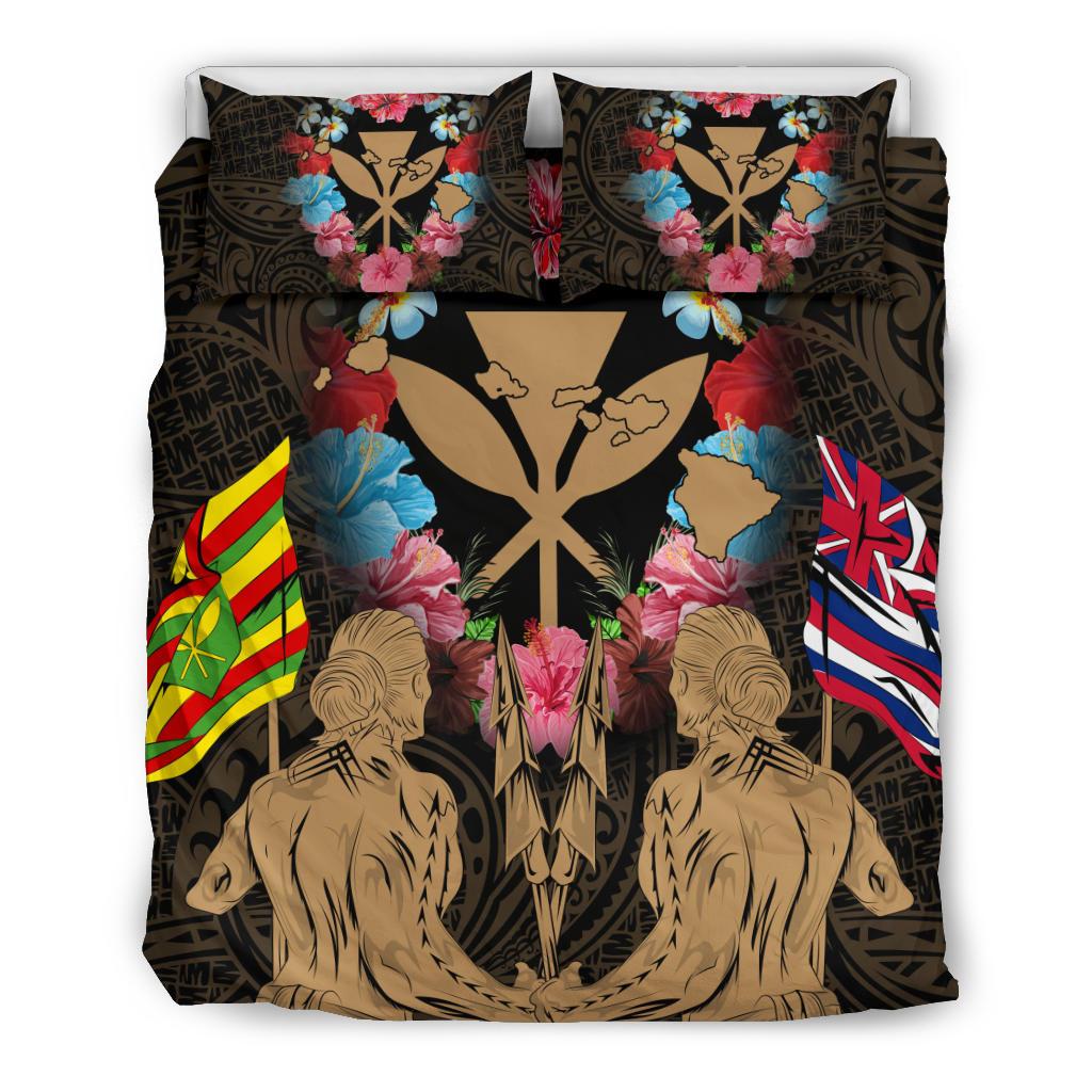 Hawaii Map Kanaka Two Men Holding Flag Bedding Set - AH - Gold Gold - Polynesian Pride