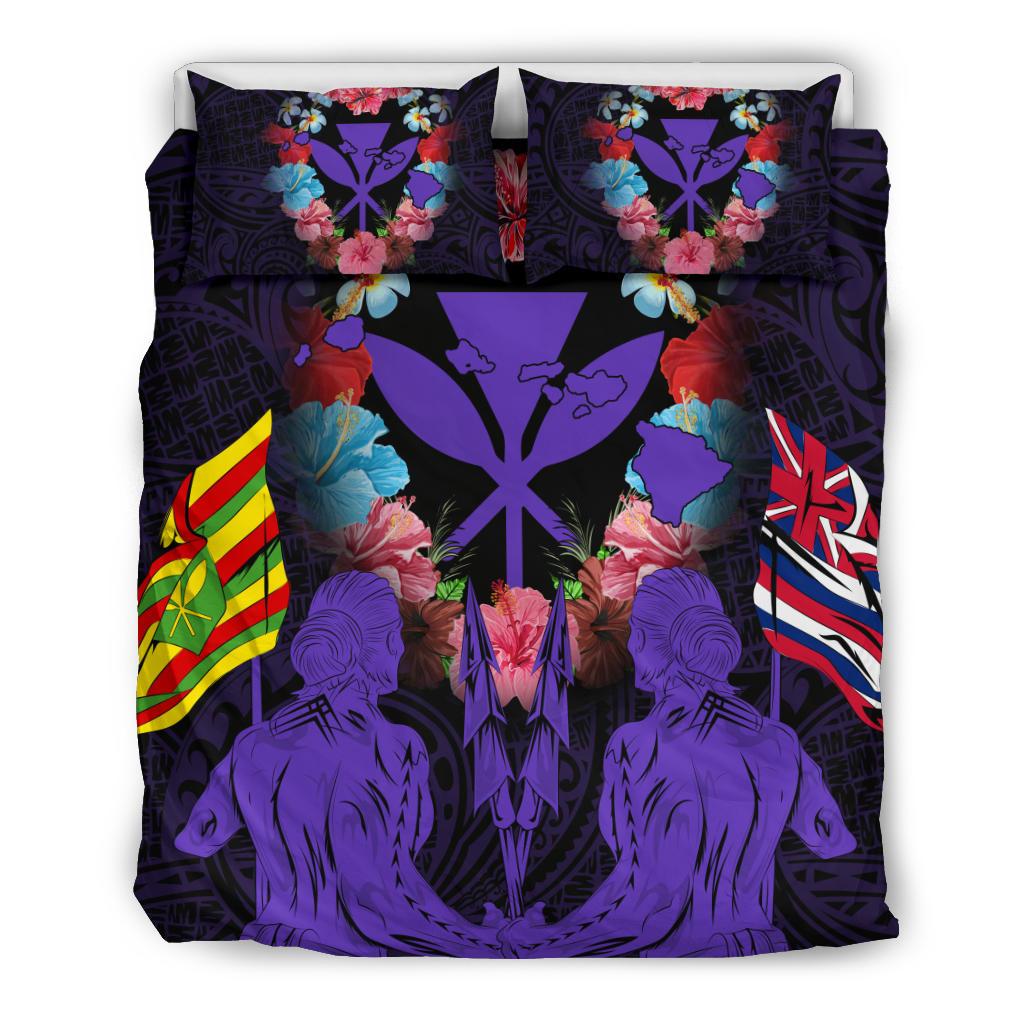 Hawaii Map Kanaka Two Men Holding Flag Bedding Set - AH - Purple Purple - Polynesian Pride