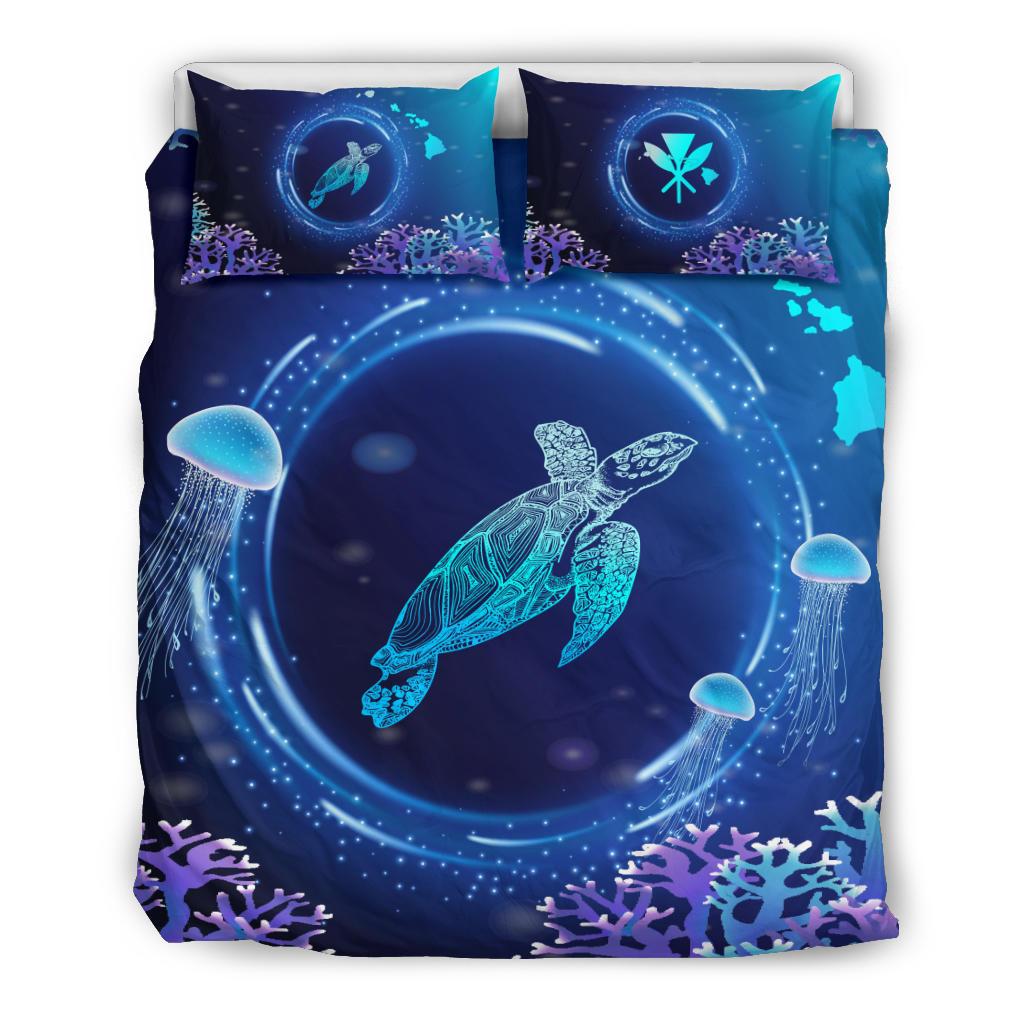 Hawaii Turtle Jellyfish Coral Galaxy Bedding Set Blue - Polynesian Pride