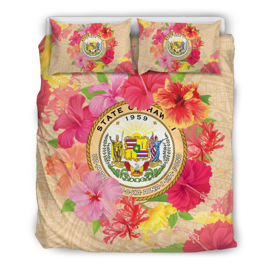 Hawaii Bedding Set - Hawaii Coat Of Arm Hibiscus Bedding Set Beige - Polynesian Pride