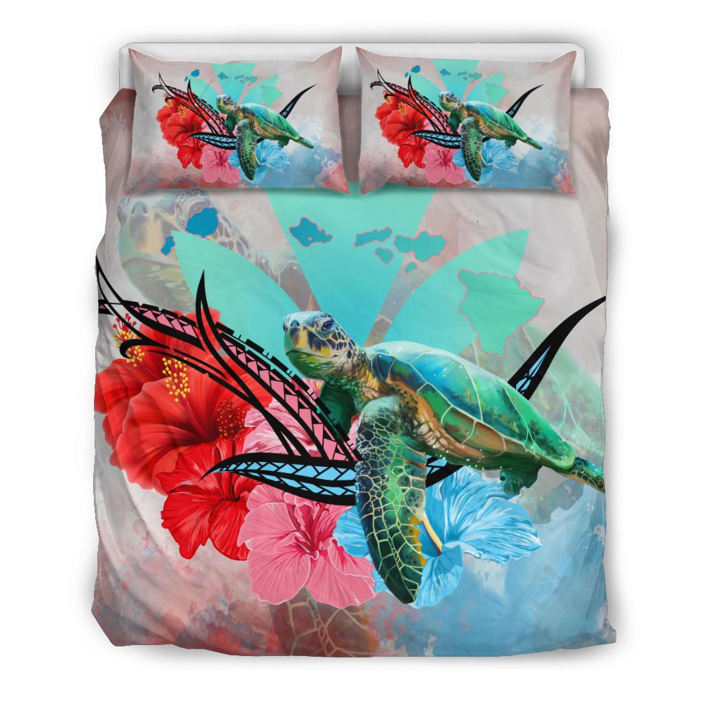 Hawaii Map Kanaka Sea Turtle Hibiscus Bedding Set - AH - Blue Pink Pink - Polynesian Pride