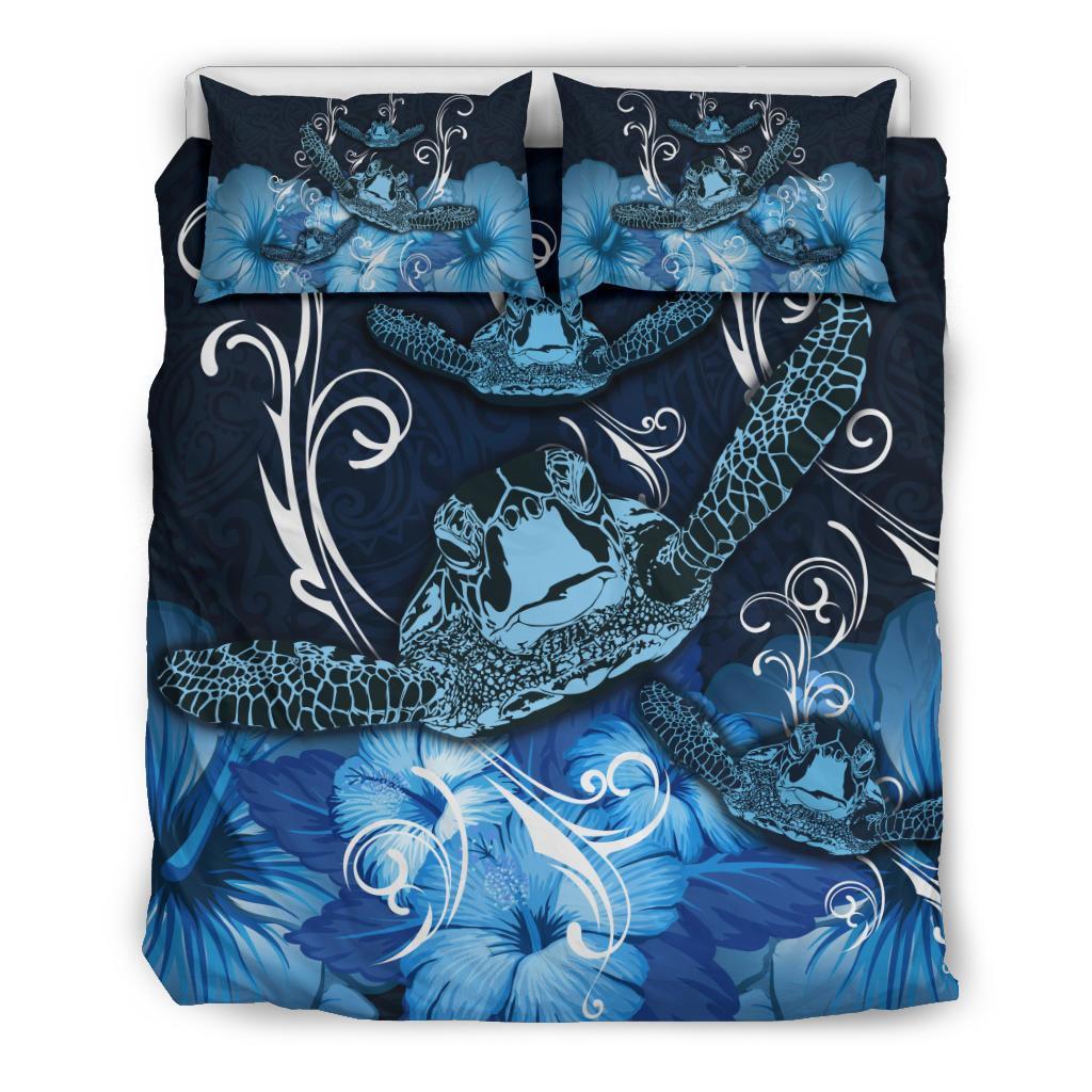 Hawaii Polynesian Turtle Waves Hibiscus Bedding Set - Erik Style - AH - Blue Blue - Polynesian Pride