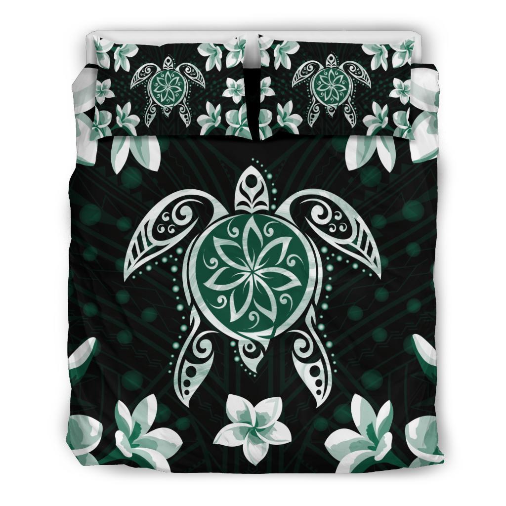 Hawaiian Greenie Turtle Plumeria Bedding Set Black - Polynesian Pride