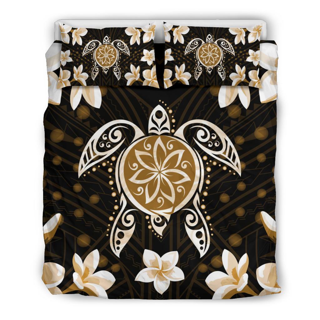 Hawaiian Gold Turtle Plumeria Bedding Set Black - Polynesian Pride