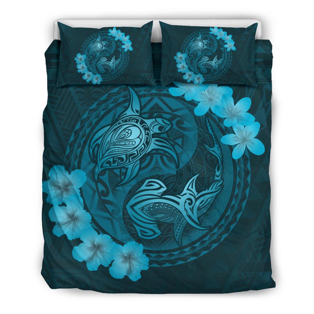 Hawaii Yin Yang Turtle Shark Hibiscus Plumeria Bedding Set - Turquoise Turquoise - Polynesian Pride