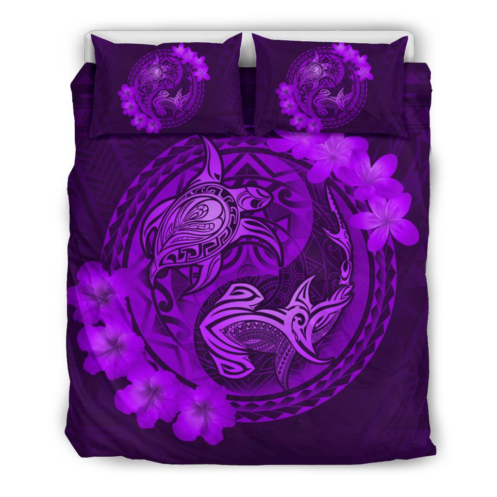 Hawaii Yin Yang Turtle Shark Hibiscus Plumeria Bedding Set - Purple Purple - Polynesian Pride