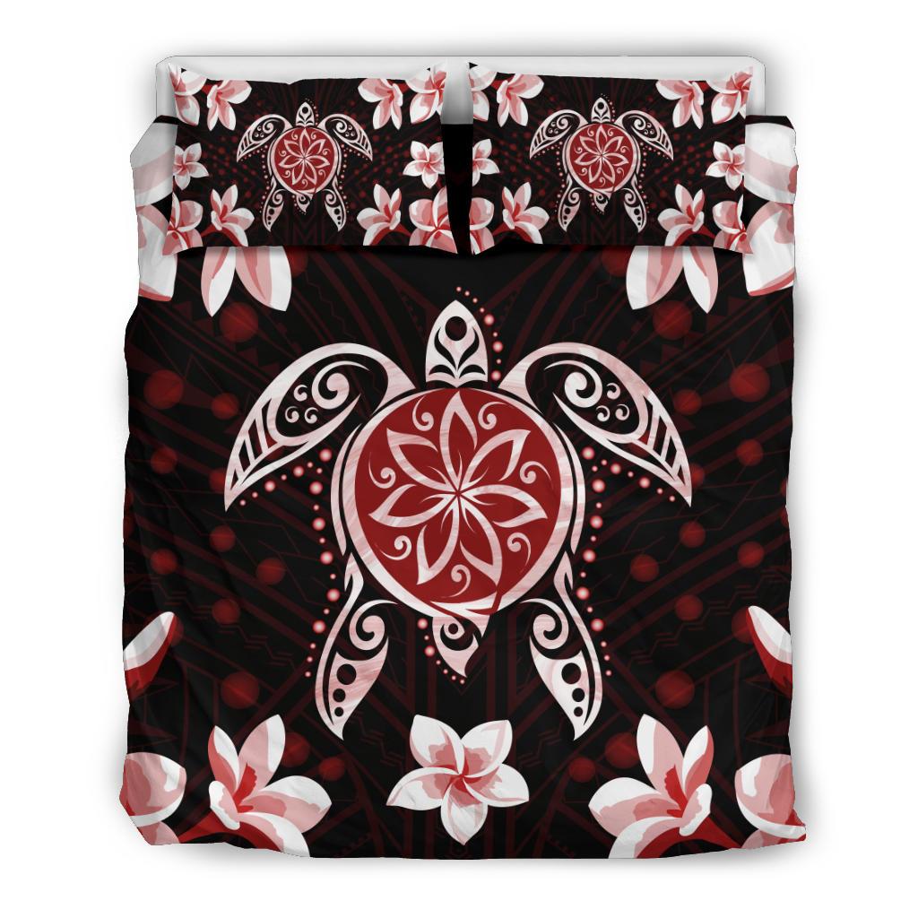 Hawaiian Reddie Turtle Plumeria Bedding Set Black - Polynesian Pride