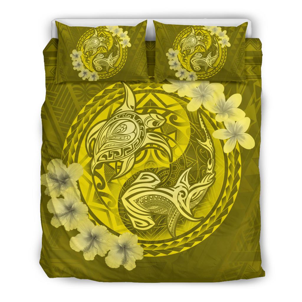 Hawaii Yin Yang Turtle Shark Hibiscus Plumeria Bedding Set - Yellow Yellow - Polynesian Pride