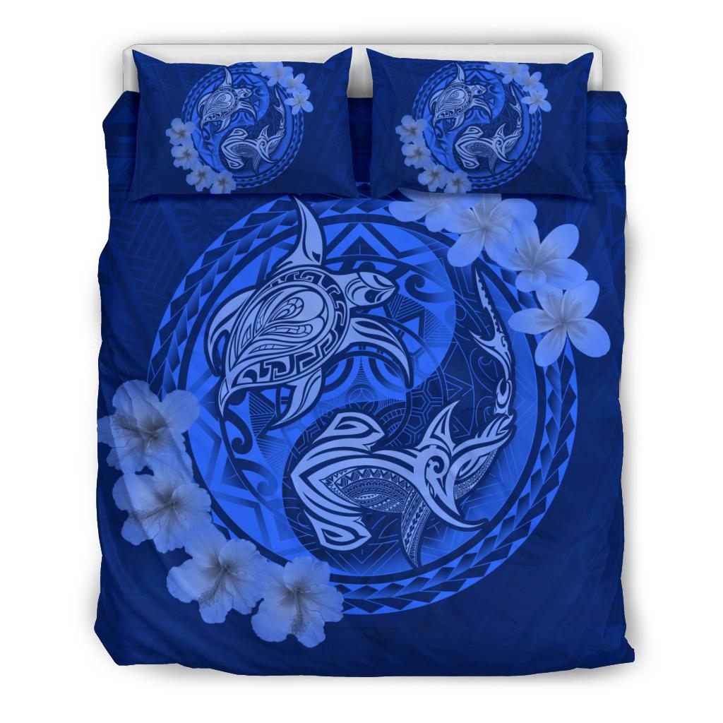 Hawaii Yin Yang Turtle Shark Hibiscus Plumeria Bedding Set - Blue Blue - Polynesian Pride