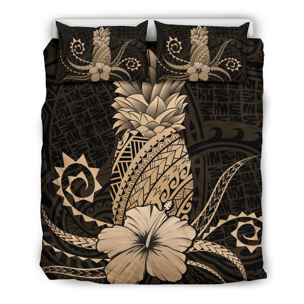 Hawaii Polynesian Pineapple Hibiscus Bedding Set - Zela Style Gold Gold - Polynesian Pride