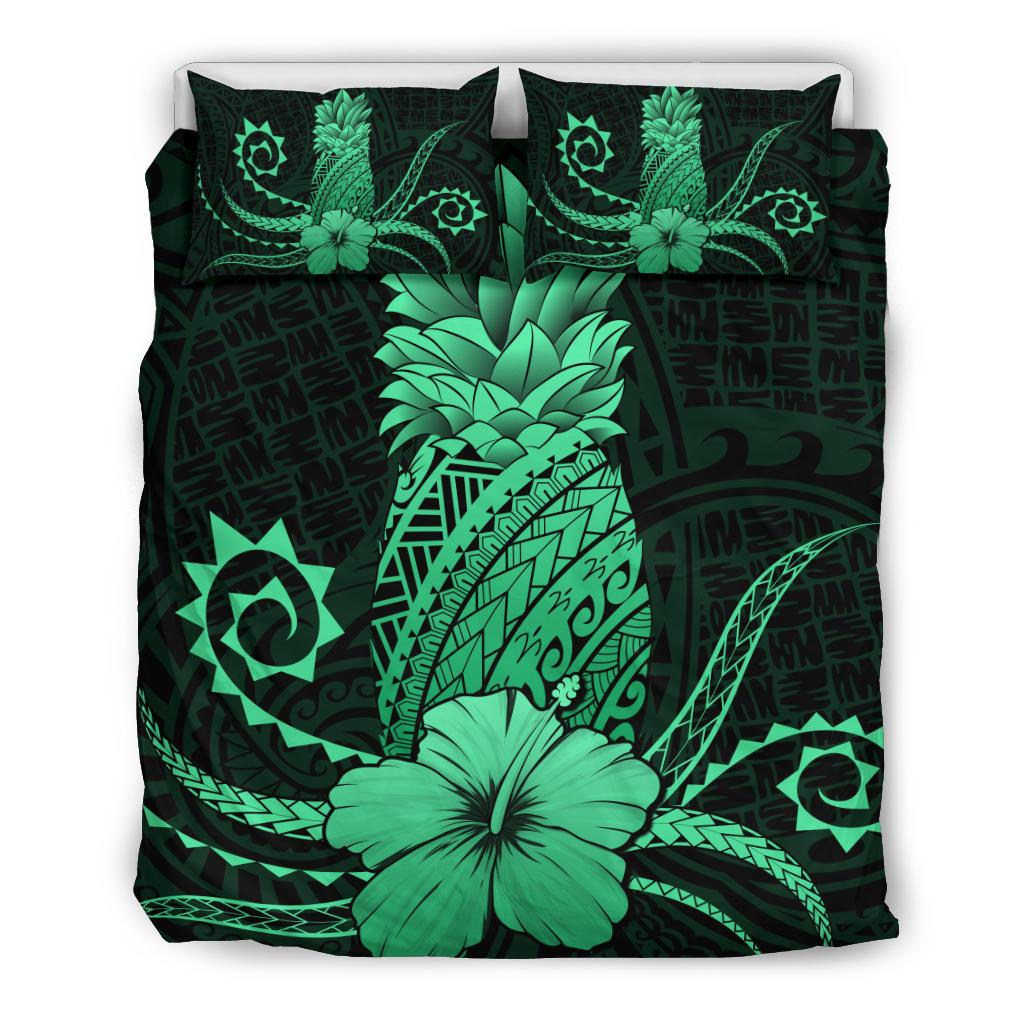 Hawaii Polynesian Pineapple Hibiscus Bedding Set - Zela Style Green Green - Polynesian Pride