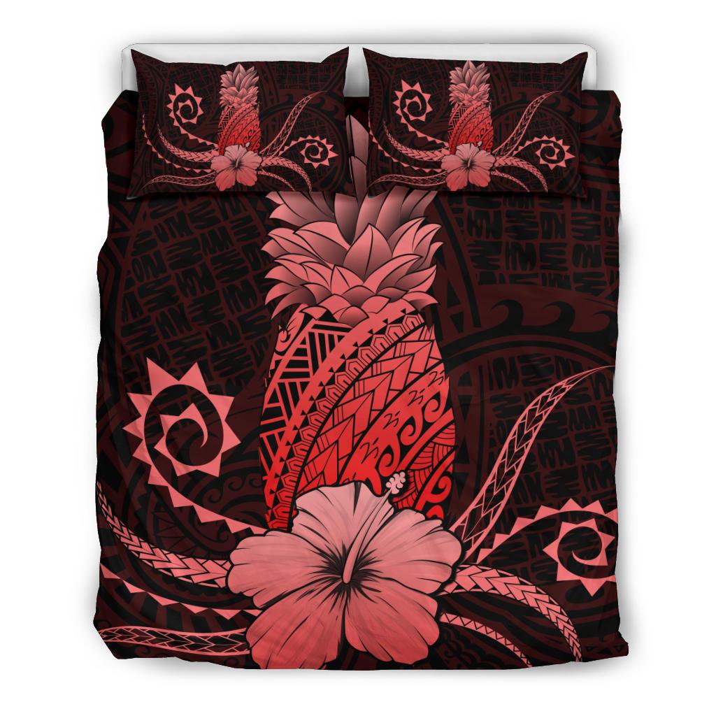 Hawaii Polynesian Pineapple Hibiscus Bedding Set - Zela Style Red Red - Polynesian Pride