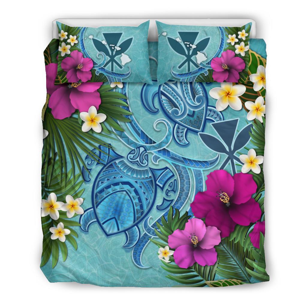 Kanaka Maoli (Hawaiian) Bedding Set - Polynesian Turtle Hibiscus And Plumeria Blue - Polynesian Pride