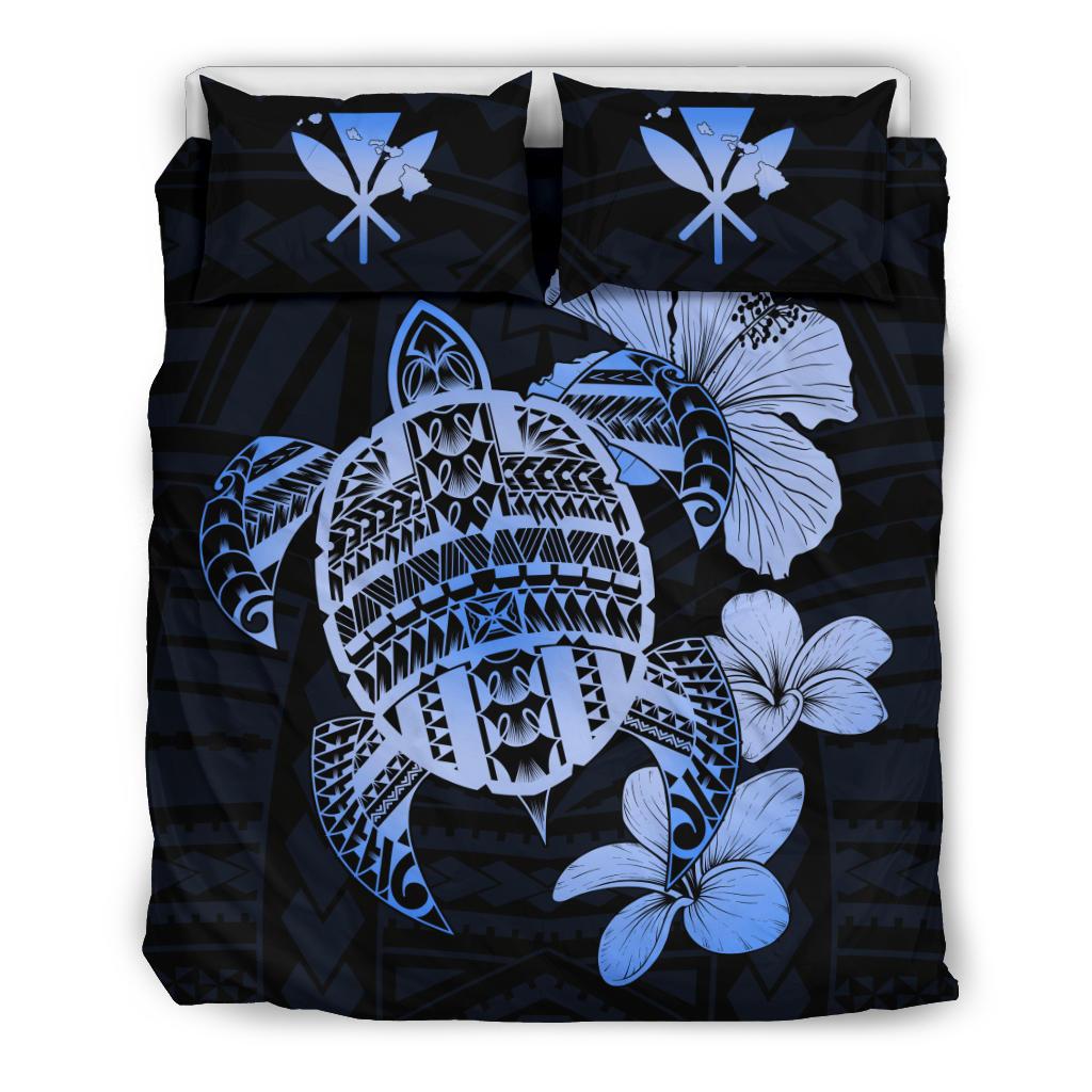 Hawaiian Kanaka Hibiscus Plumeria Mix Polynesian Turtle Bedding Set Blue AH Blue - Polynesian Pride